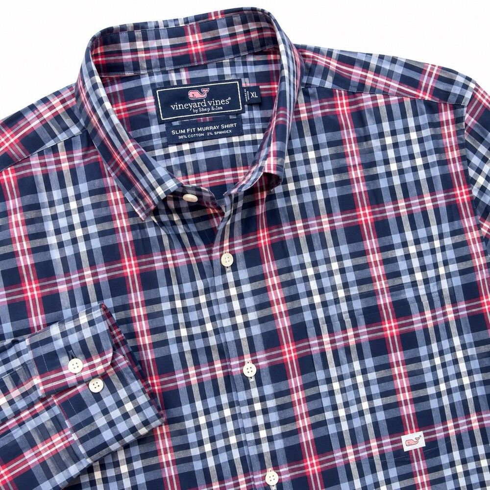 Vineyard Vines Shep Ian Slim Murray Shirt Men's XL Blue Red Plaid Long Sleeve